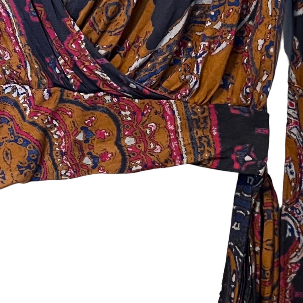 Free People Boho Faux Wrap Tie Waist Bell Sleeve Top In Golden Combo Size M - Picture 4 of 12